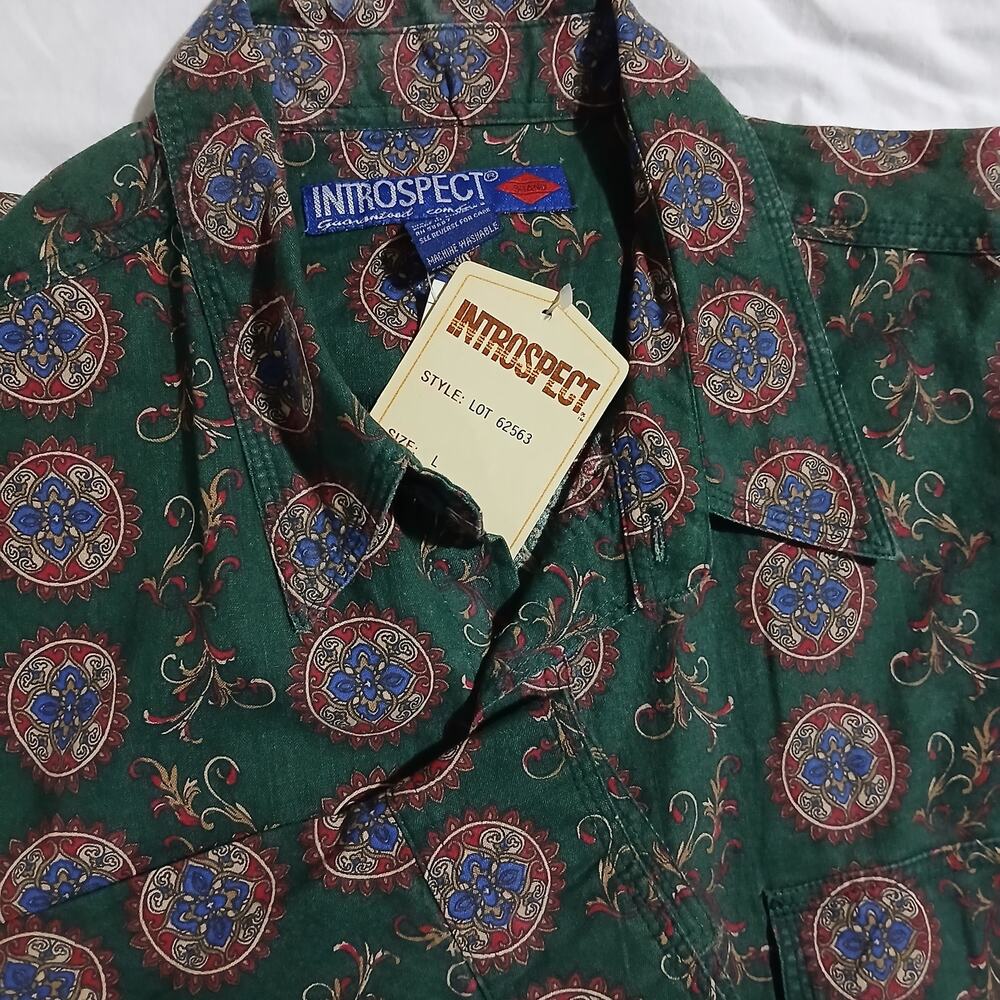 VTG NWT INTROSPECT Men's Large Long-Sleeved Bold Pattern Button-Up Green Shirt